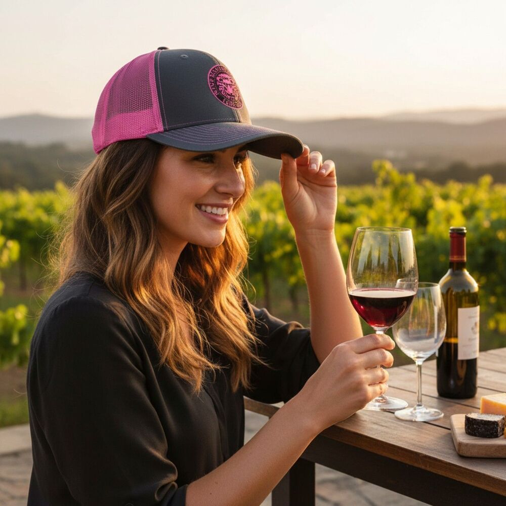 Richardson 112 LION-GRI Winery Trucker Hat Charcoal Neon Pink Mesh Logo Snapback